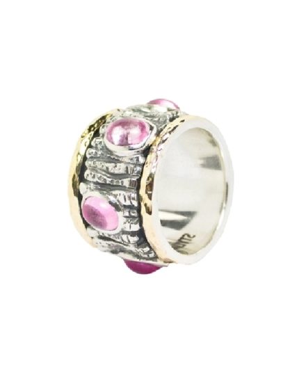 Alianza en plata, oro y piedras ovales rosas