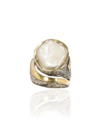 Anillo plata oro y perla barroca