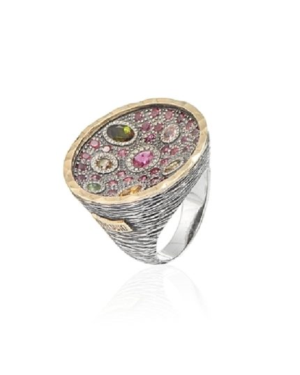 Anillo plata oro y turmalina cóncavo