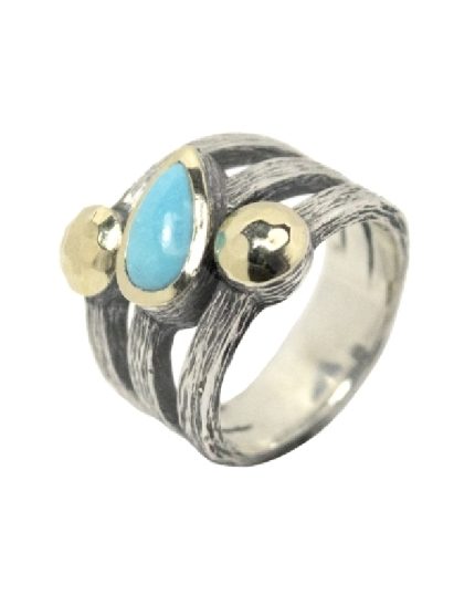 Anillo plata oro y turquesa gota